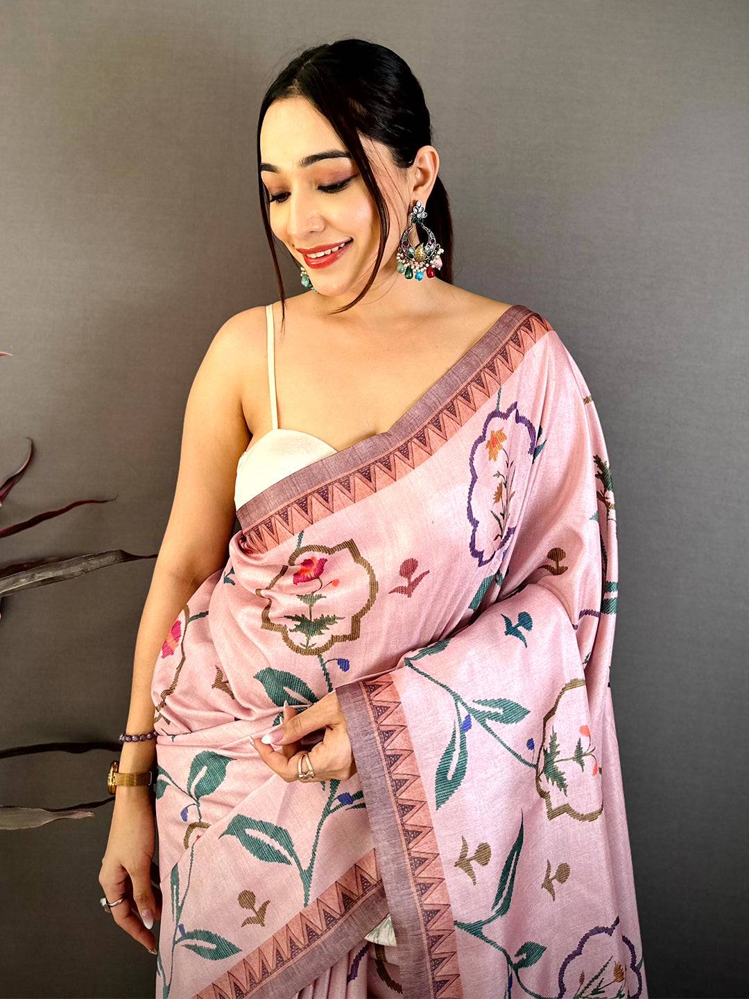Baby Pink Floral Soft Tussar Saree