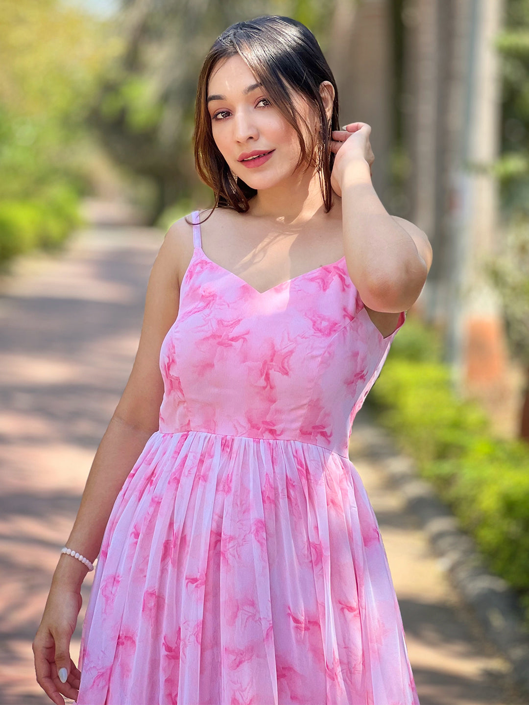 Ploy Georgette Pink Colour Abstract Print Flare Dress
