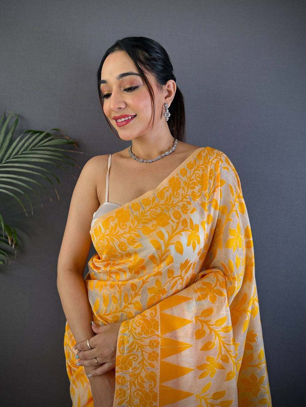 Bright Yellow Soft Cotton Silk Jamdani Saree