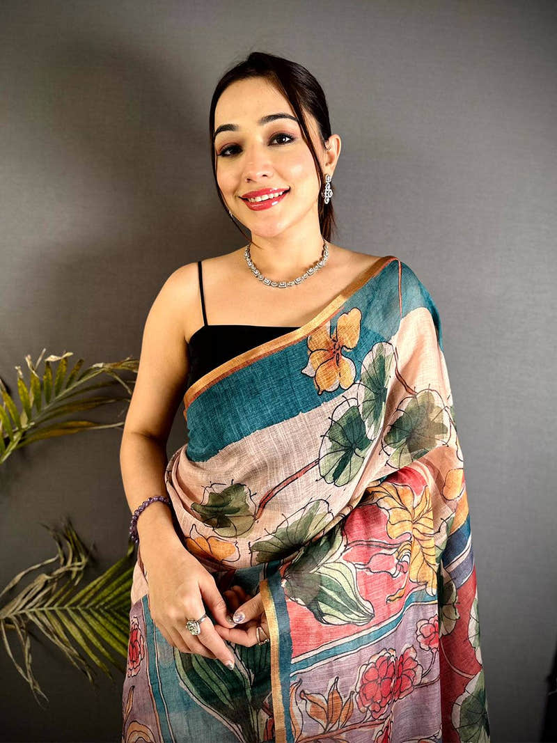 Heritage Hand Block Floral Linen Saree