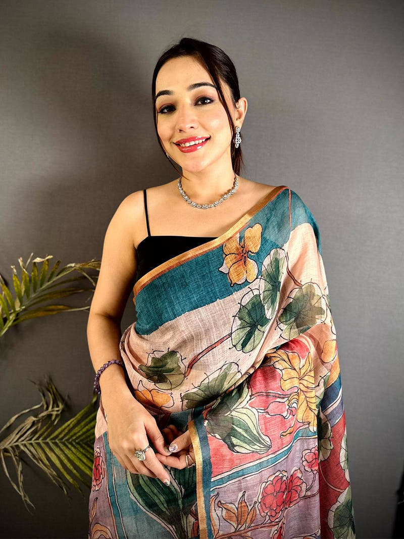 Heritage Hand Block Floral Linen Saree