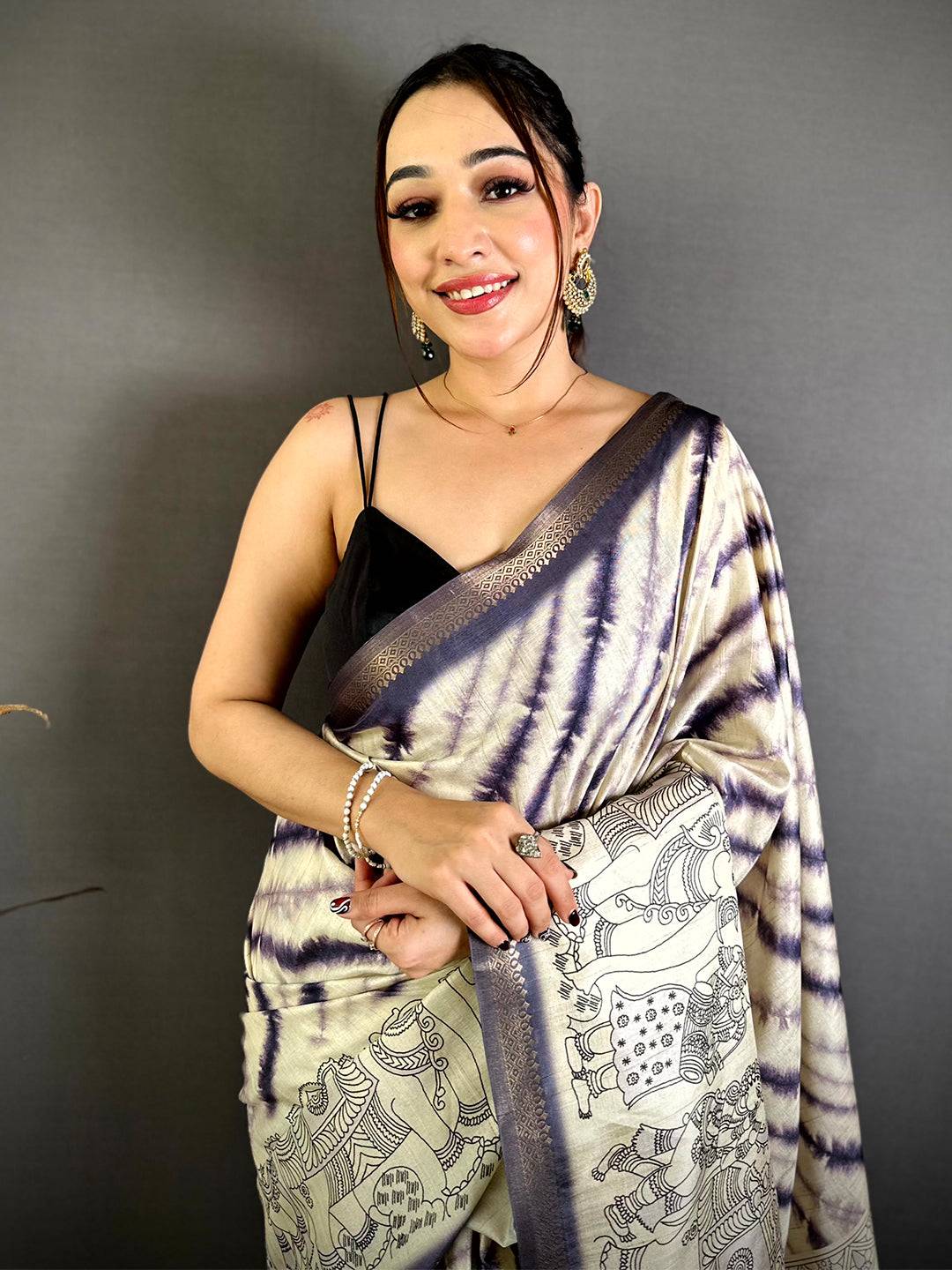 Purple Leheriya Tussar Silk Kalamkari Border Saree