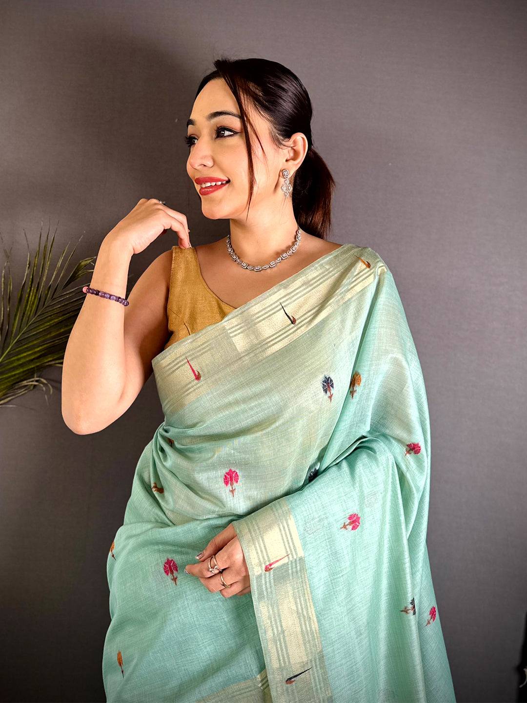 Sky Blue Geometric Patola Khadi Linen Saree