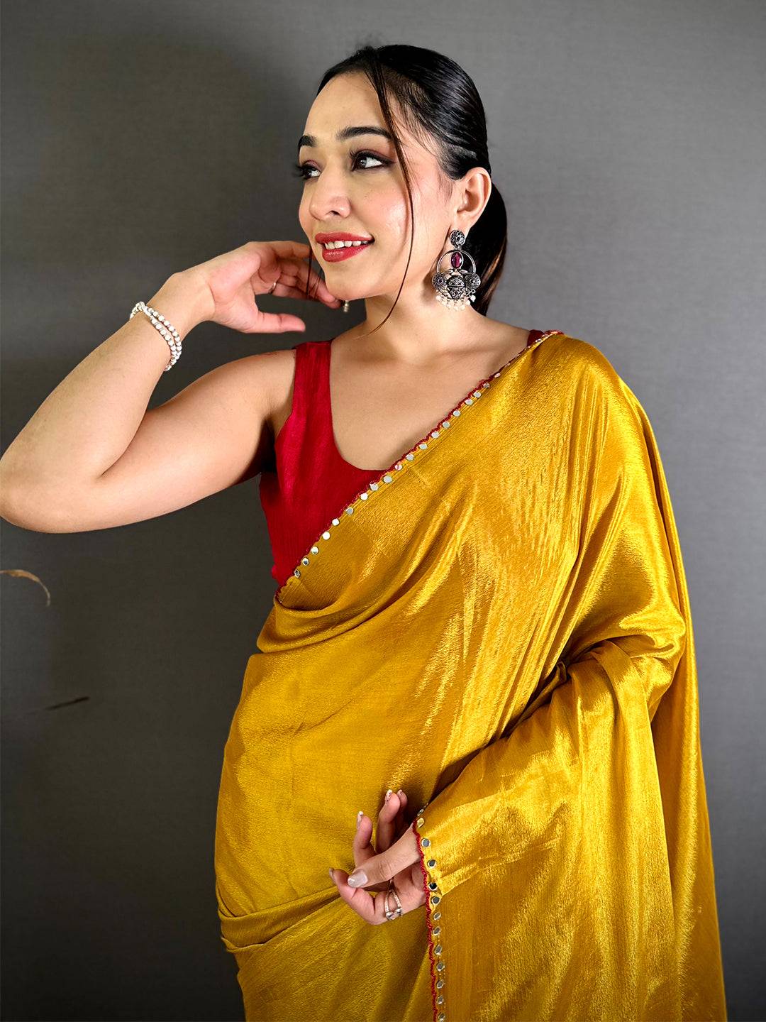 Gold Vichitra Real Mirror Work Tassel Saree