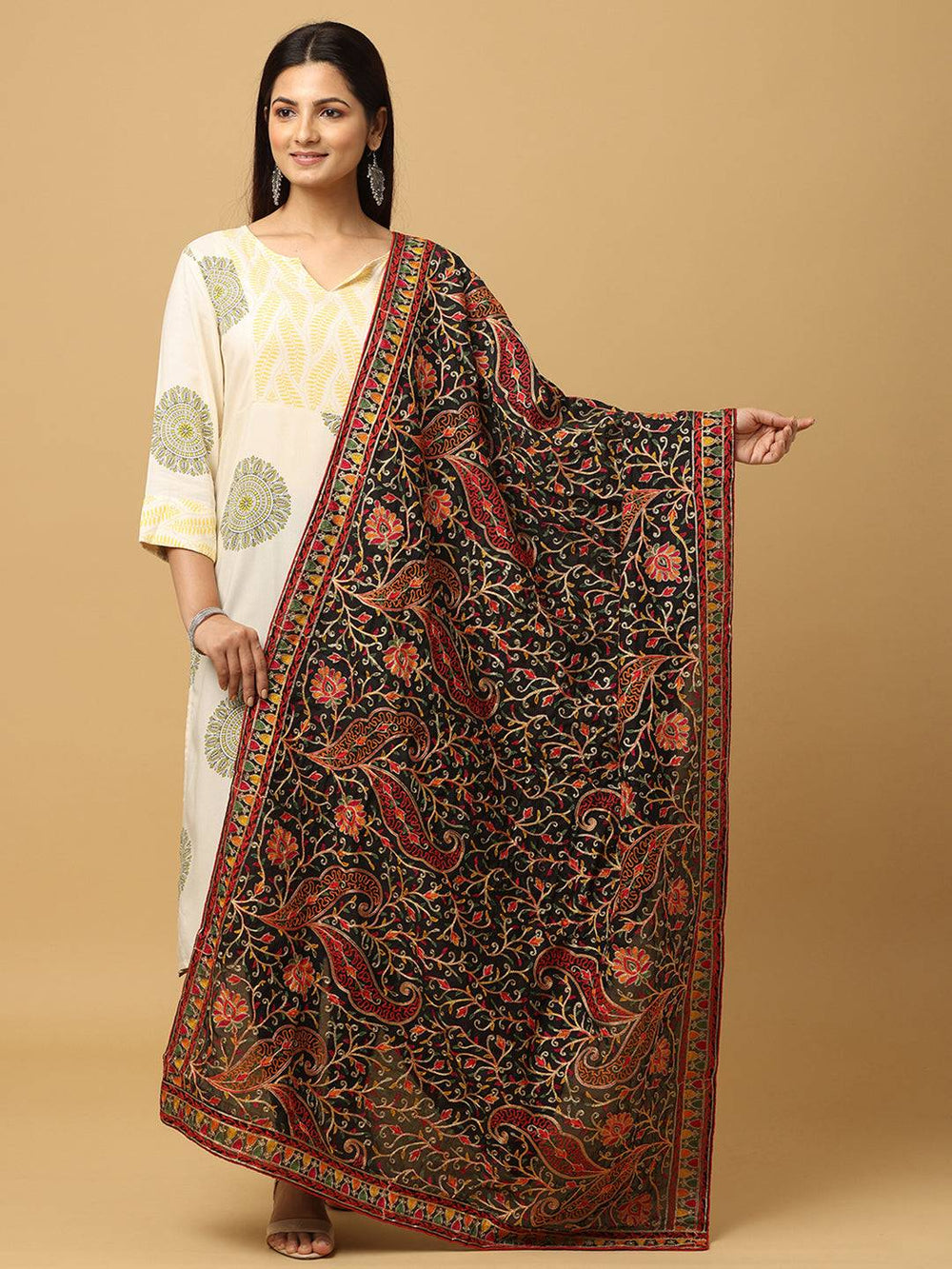 Black poly chiffon pashmina dupatta with threadwork design