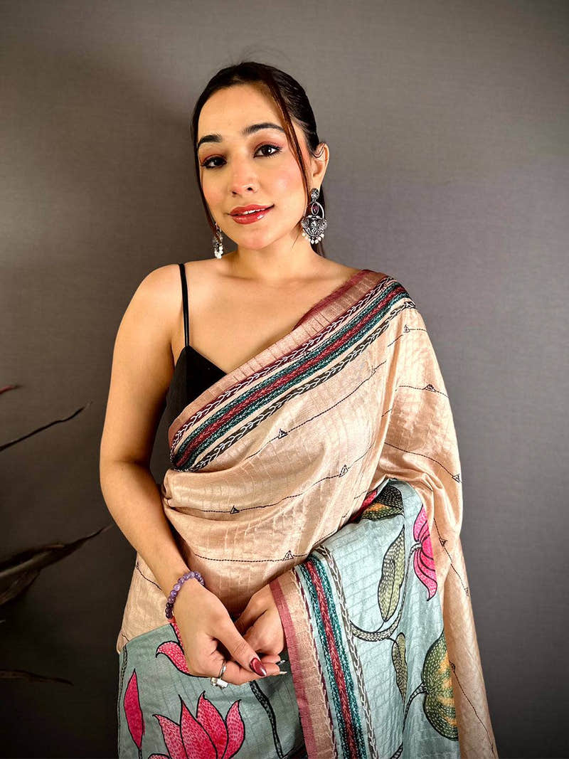 Royal Madhubani Katha Effect Tussar Saree
