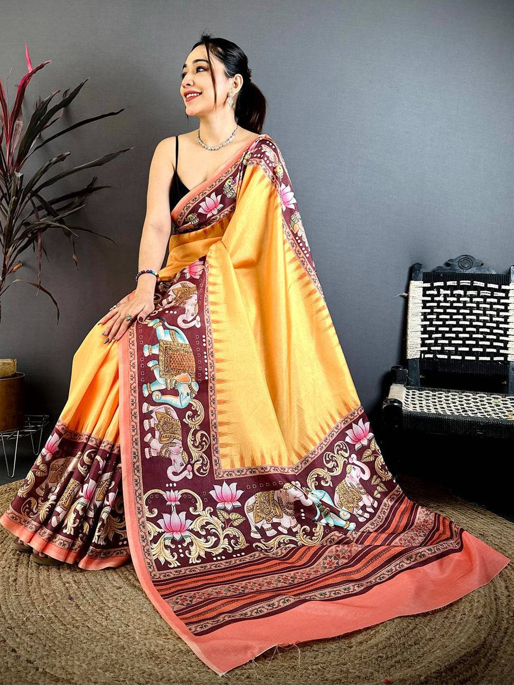 Mustard Tanjore Elephant Tussar Saree