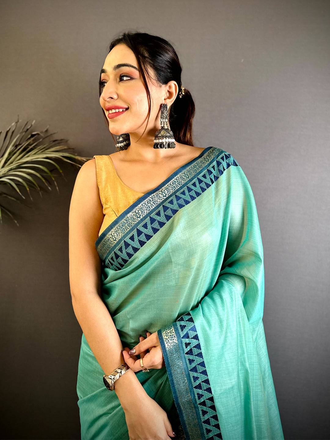 Pure Sky Blue Cotton Linen Saree