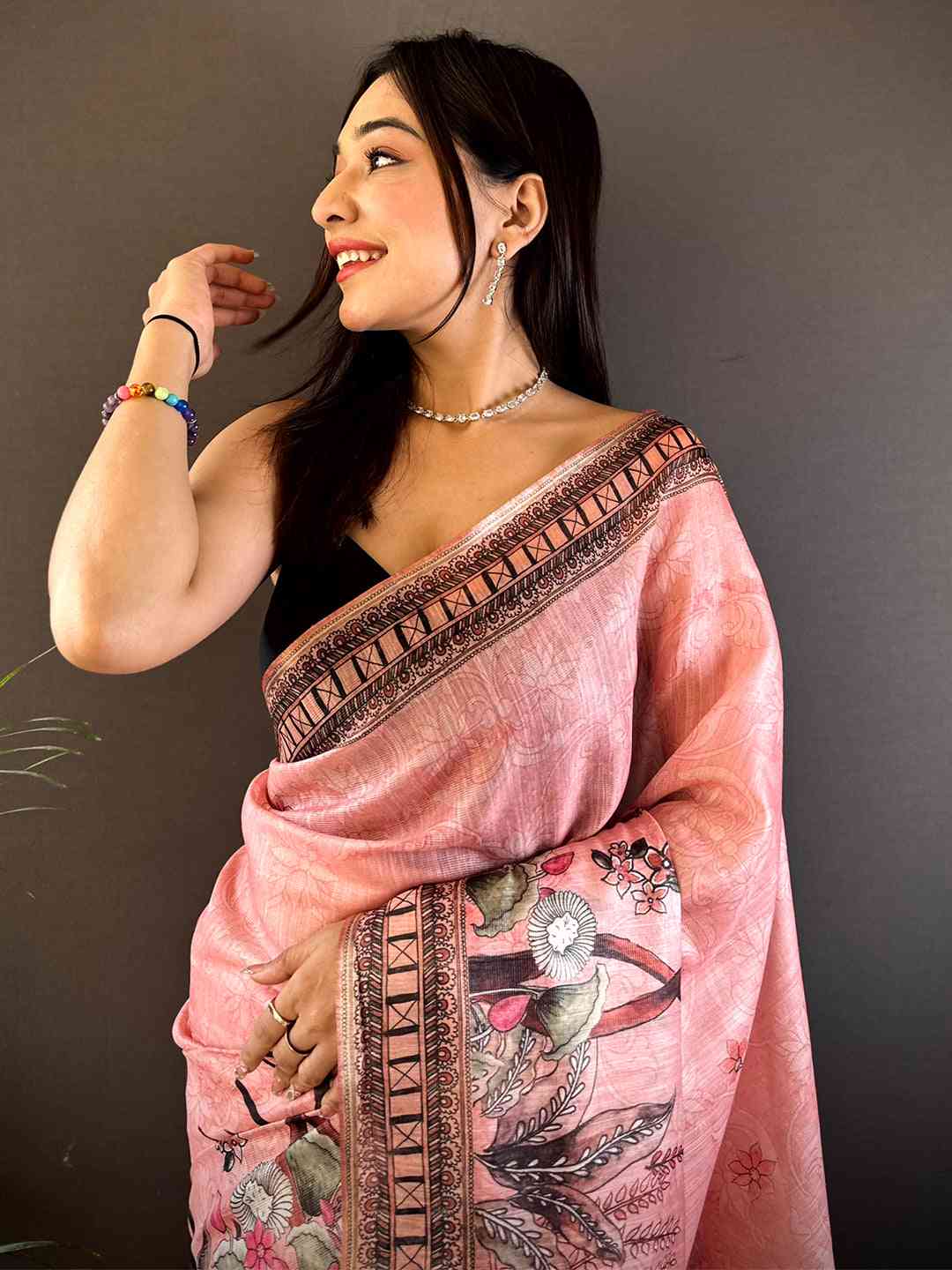 Blush Pink Tussar Floral Leaf Print Saree