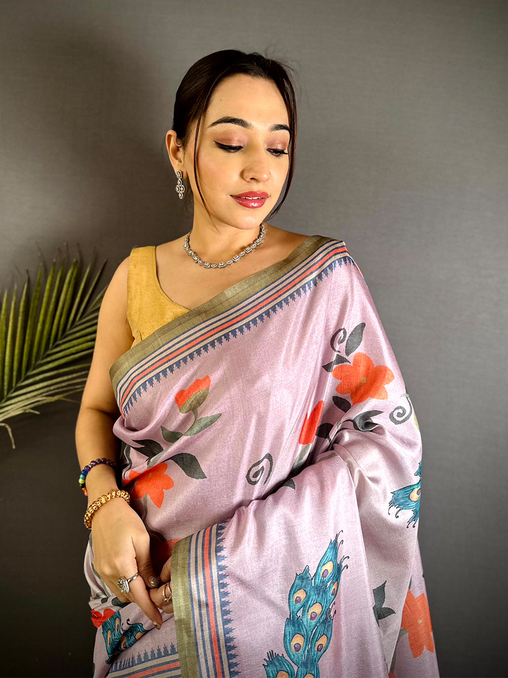Lavender Floral Tussar Ikkat Border Saree