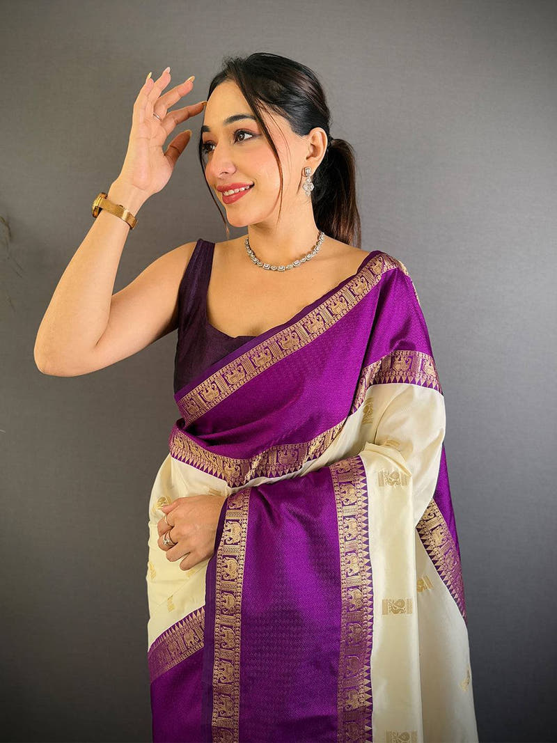 White Gadhwal Pure Soft Silk Saree

