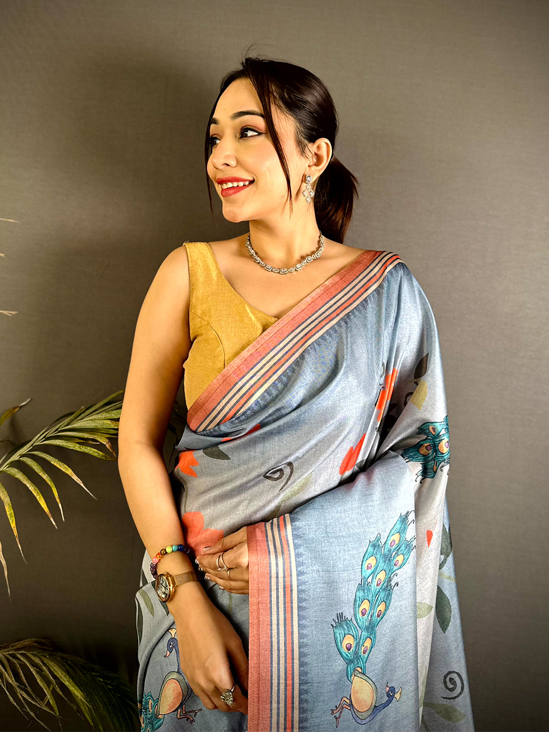 Sky Blue Floral Tussar Ikkat Border Saree