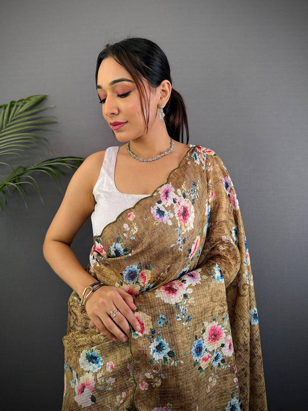 Brown Floral Cut Work Kota Saree