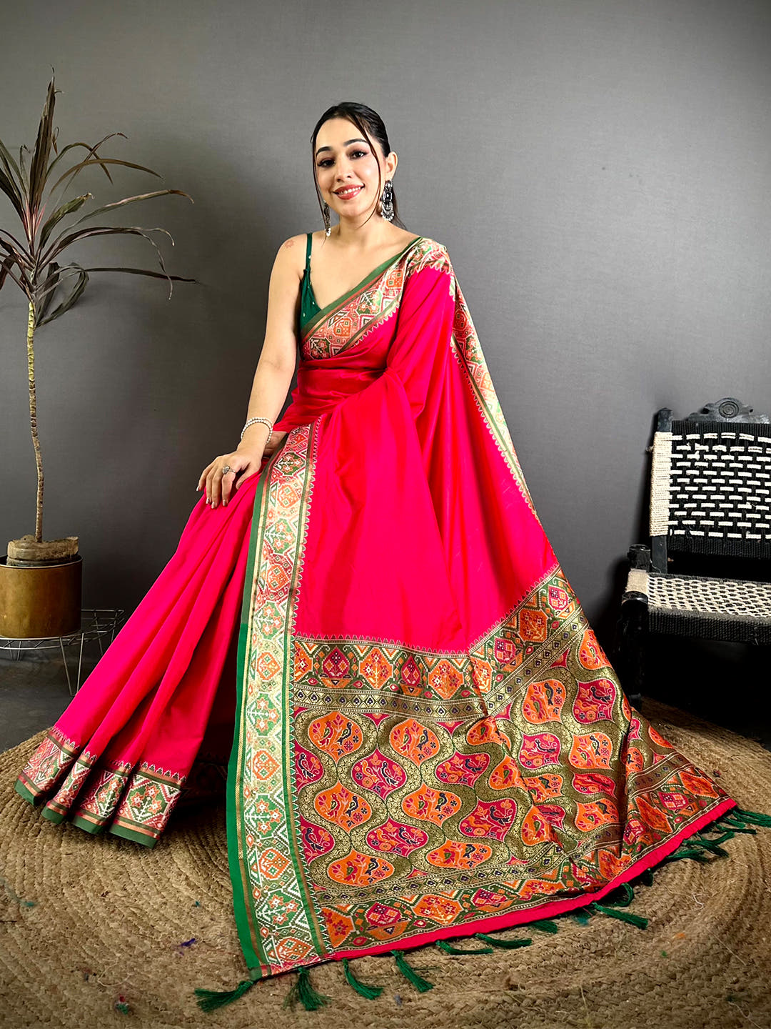 Pink Soft Silk Pochampally Ikkat Minakari Saree