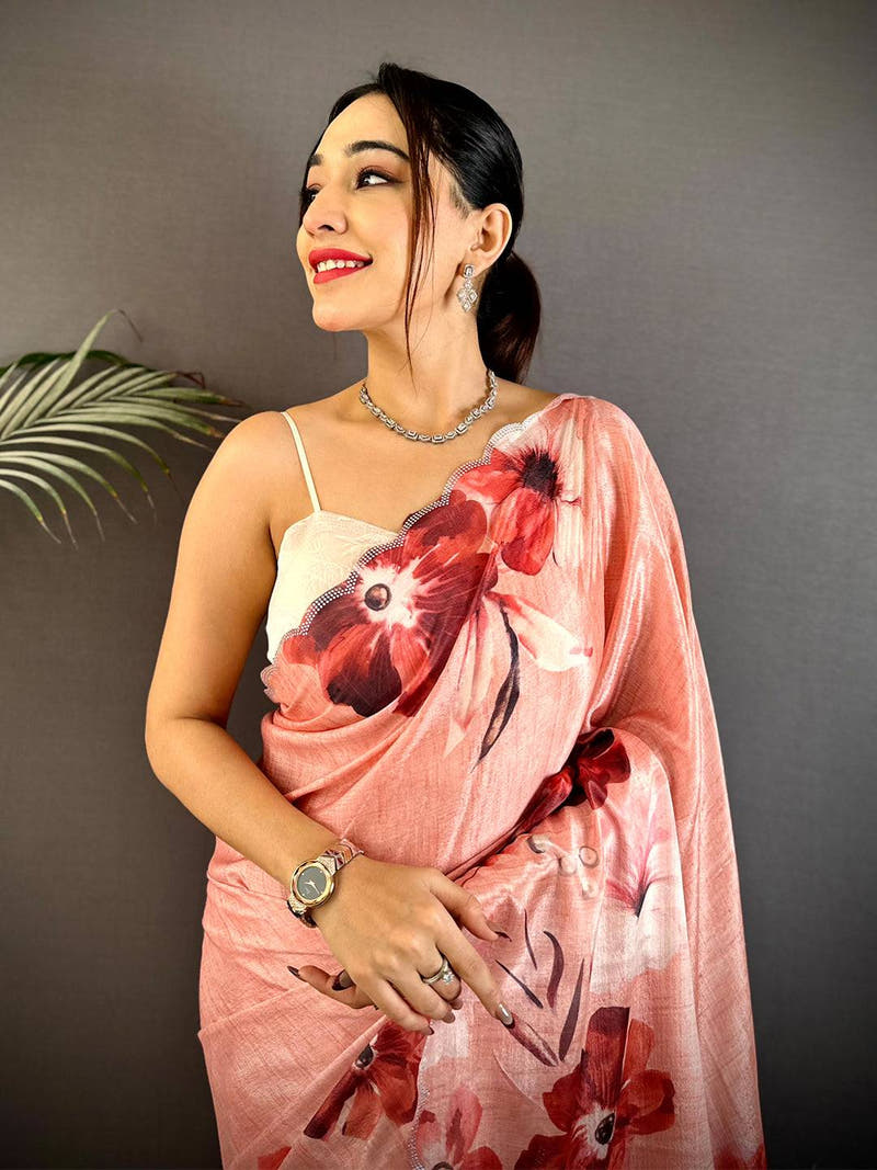 Pink Chinnon Stone Work Floral Saree