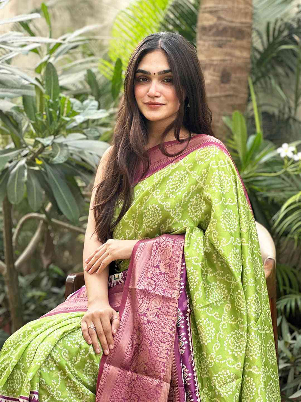 Soft silk Bandhej saree in green with pink border