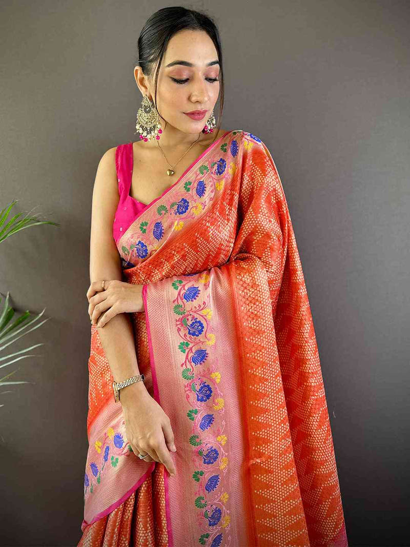 Kora Silk Banarasi Digital Print Saree In Red Colour