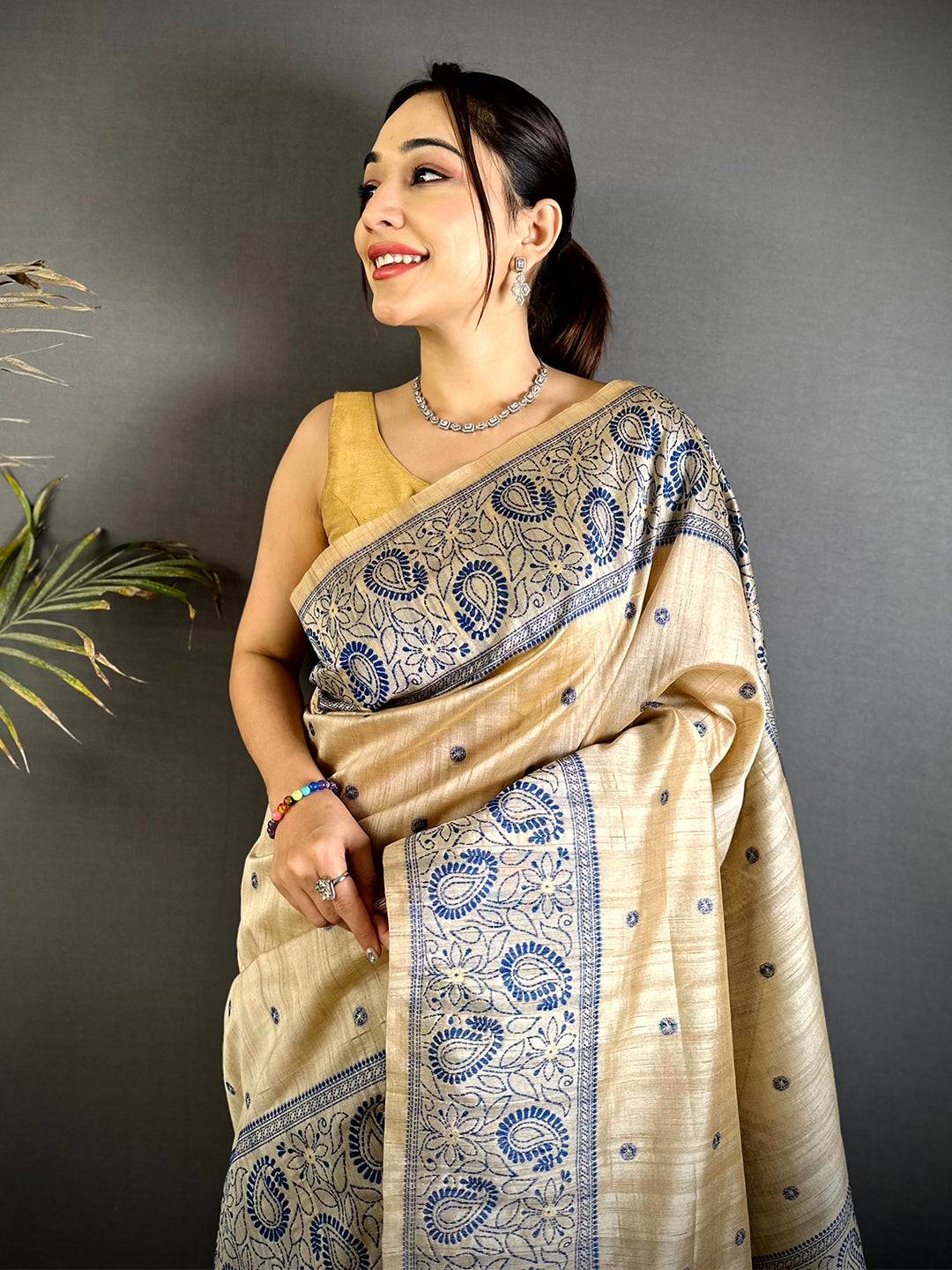 Blue Floral Katha Ghicha Silk Saree