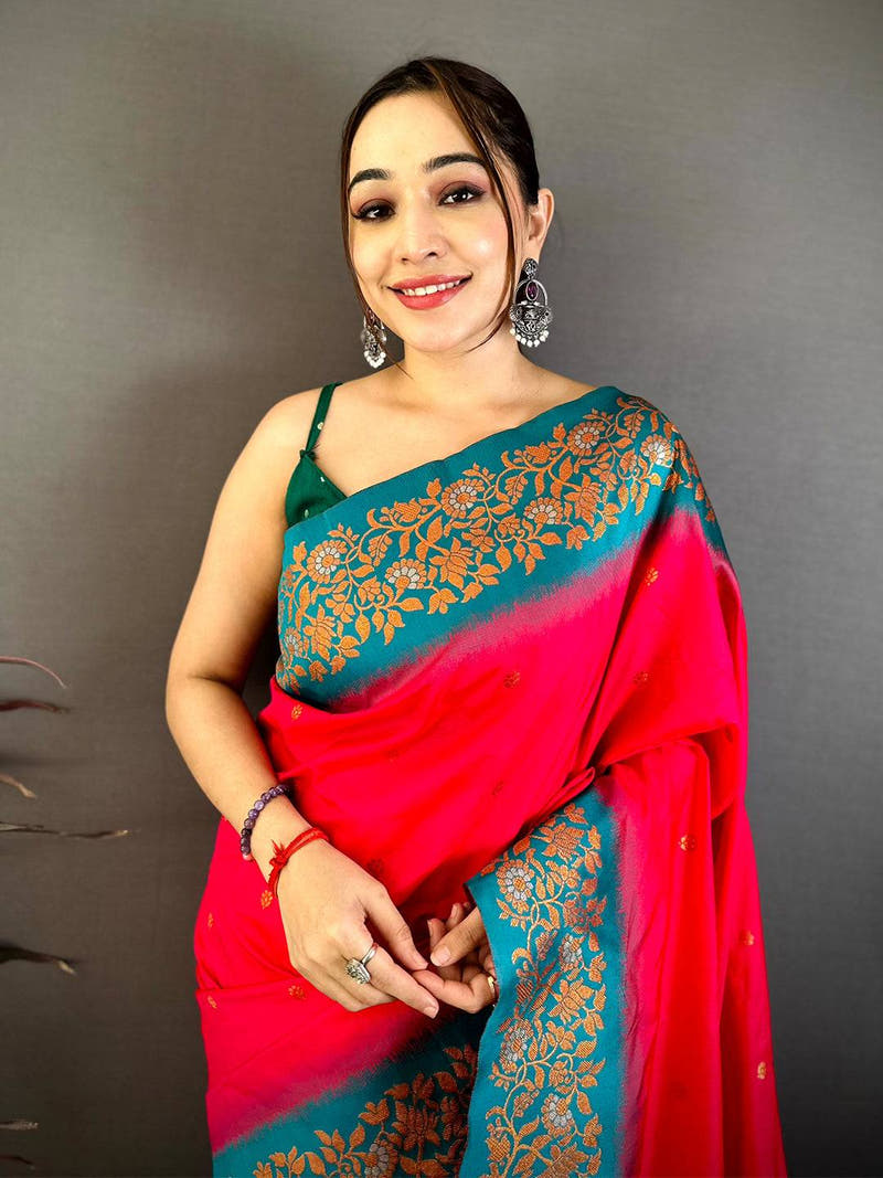 Pink Silk Saree with Gold Floral Border