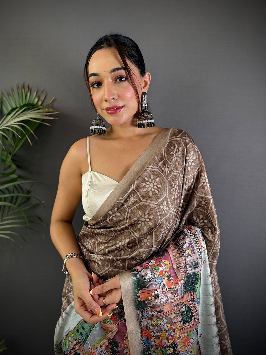 Taupe Kalamkari Digital Printed Saree