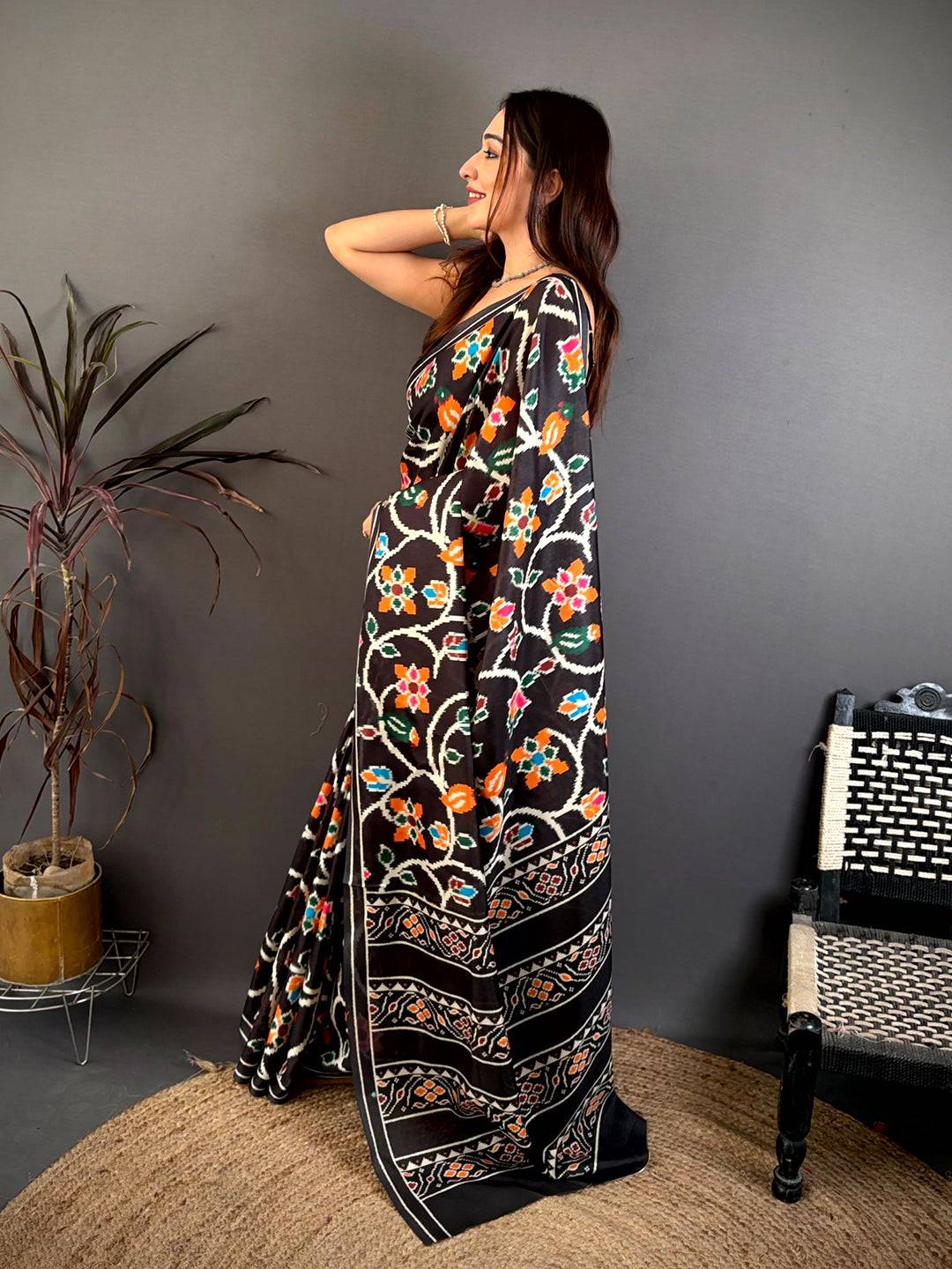 Elegant Black Ikkat Print Tussar Silk Saree