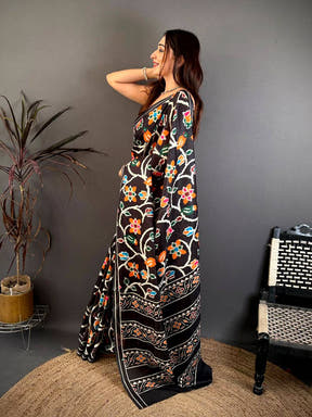 Elegant Black Ikkat Print Tussar Silk Saree