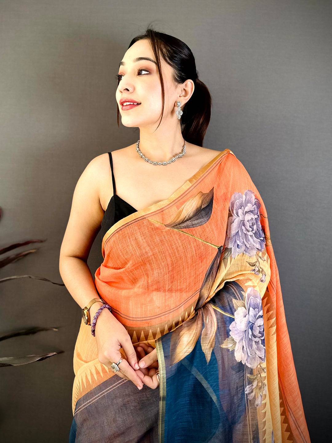 Royal Floral Linen Chanderi Saree