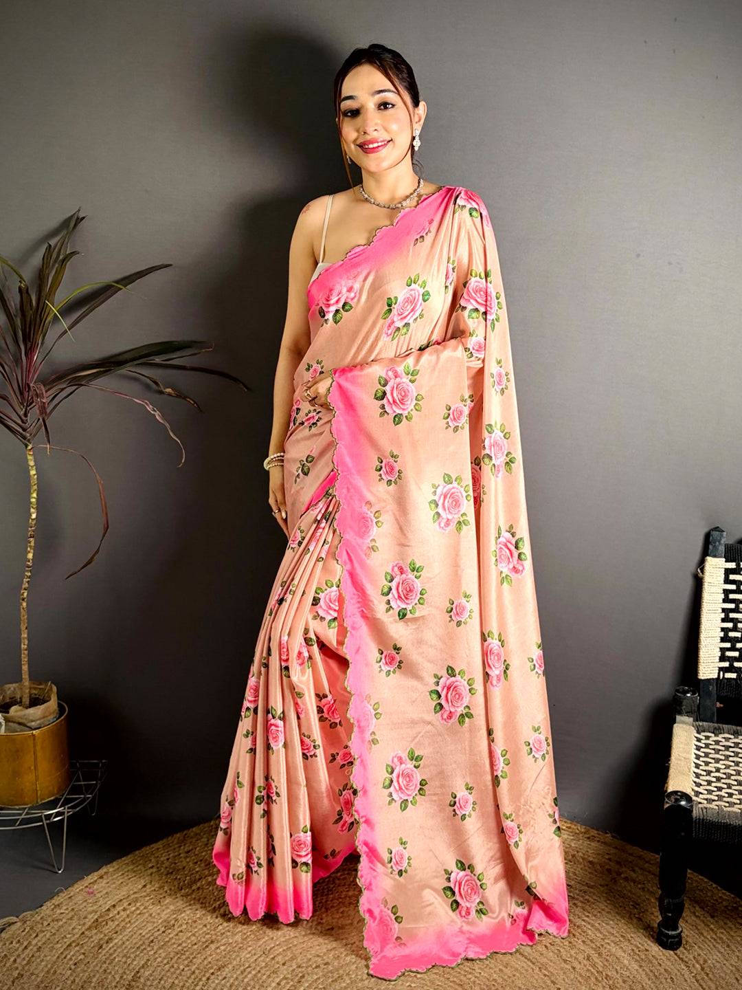 Peach Chinnon Embroidered Border Saree