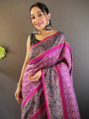 Deep Pink Patola And Kalamkari Fusion Saree