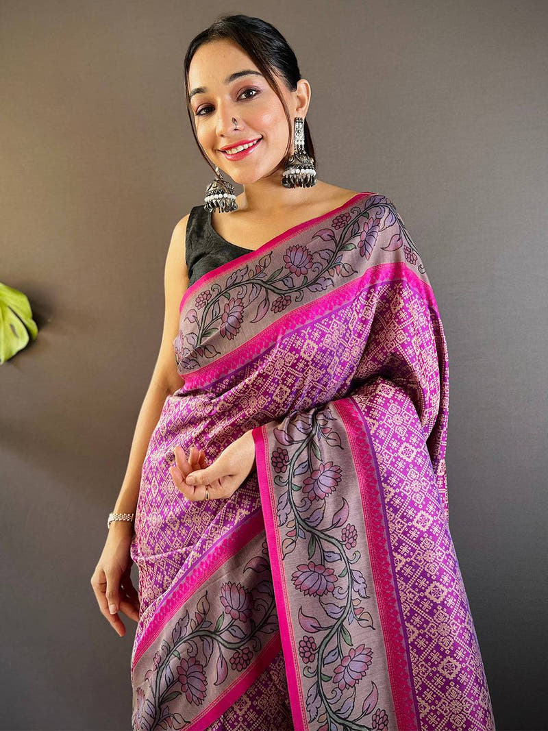 Deep Pink Patola And Kalamkari Fusion Saree