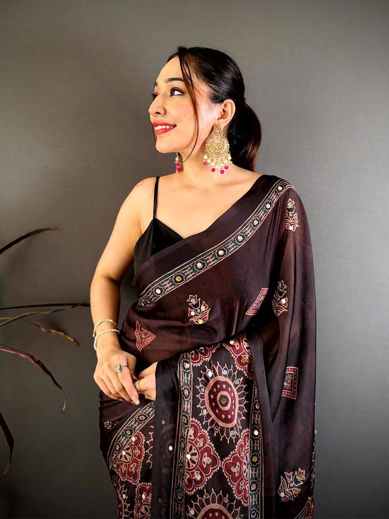 Classic Ajrakh Print Mirror Work Saree