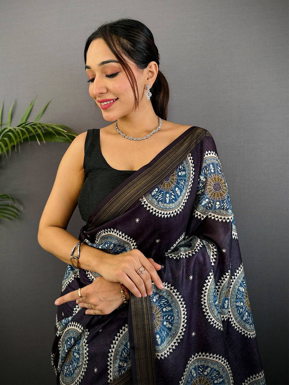 Dark Purple Linen Ajarak Print Saree