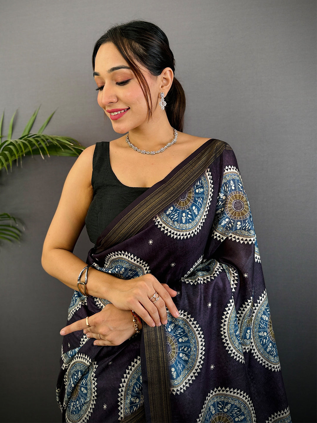 Dark Purple Linen Ajarak Print Saree