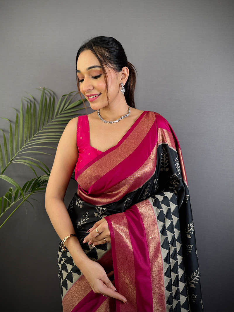 Radiant Black Soft Silk Ikkat Saree