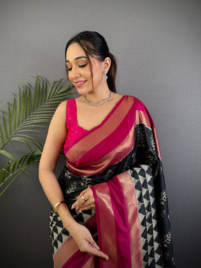 Radiant Black Soft Silk Ikkat Saree