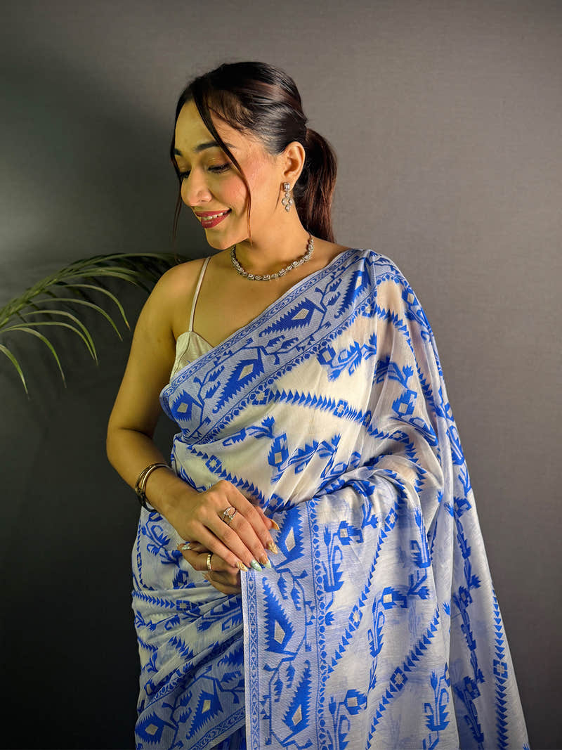 Jamdani Blue Colour Ethnic Motif Design Silk Cotton Saree
