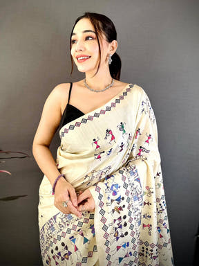 Stylish Soft Ghicha Tussar Warli Print Saree