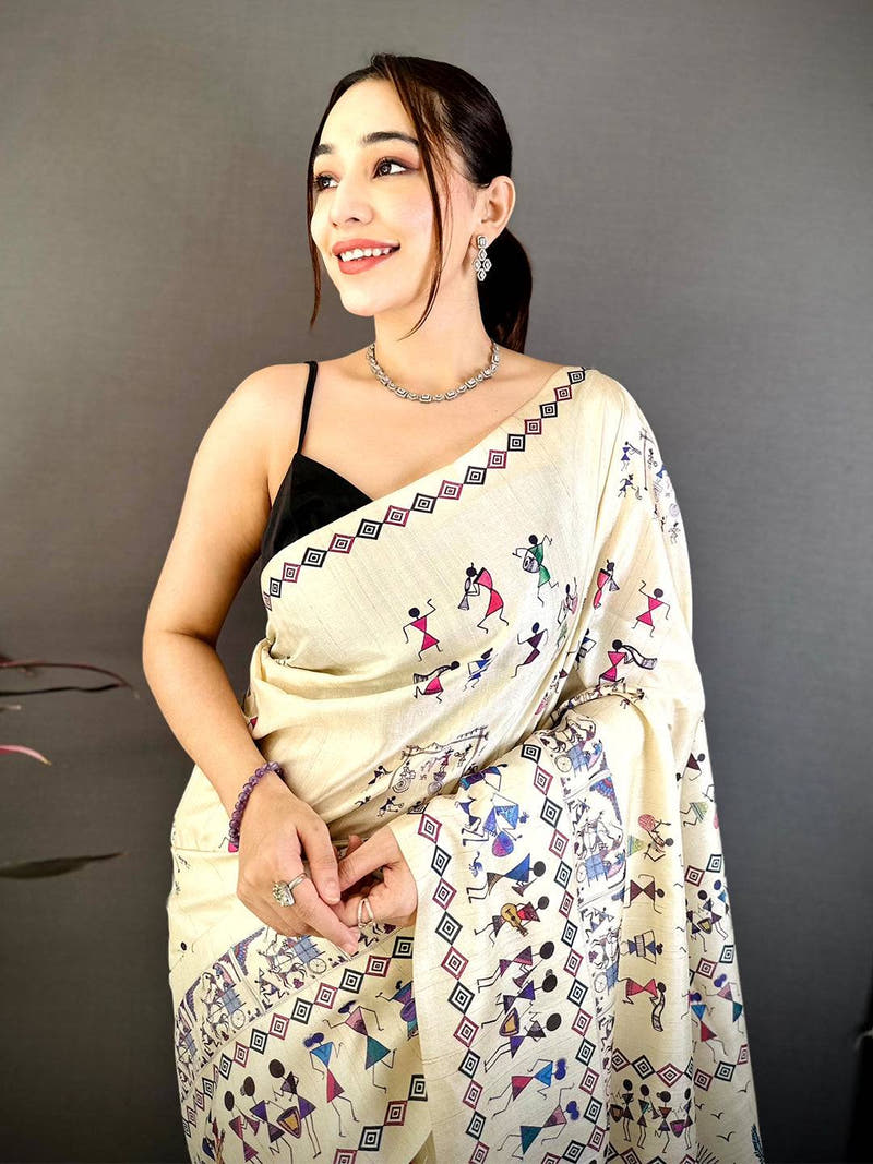 Stylish Soft Ghicha Tussar Warli Print Saree