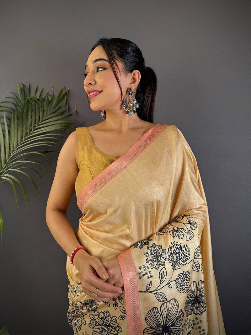 Yellow Tussar Ghicha Silk Saree