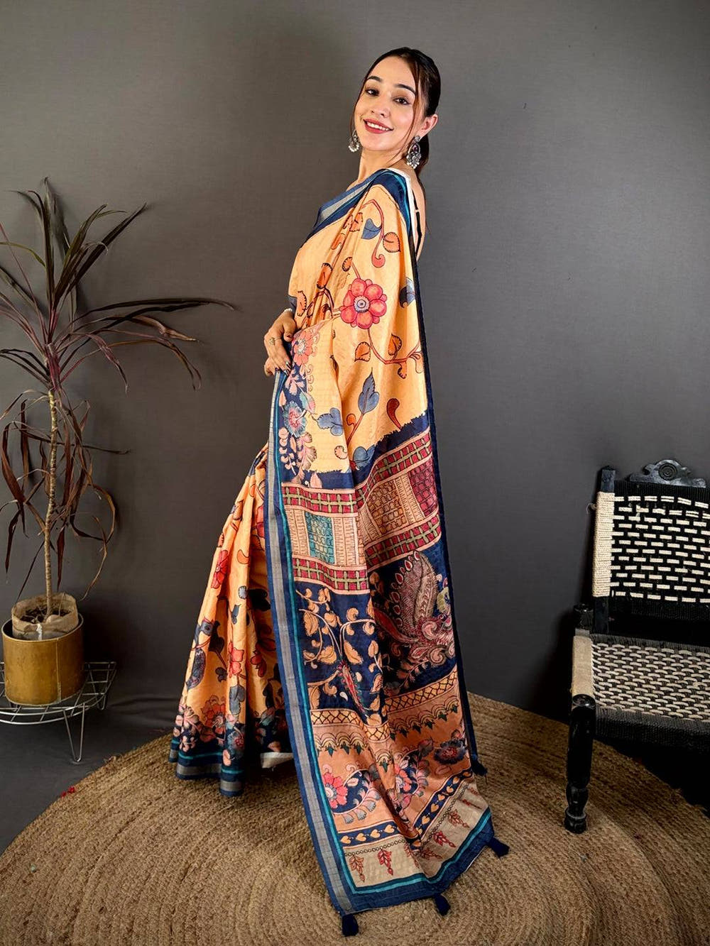 Radiant Bright Pen Kalamkari Tussar Saree