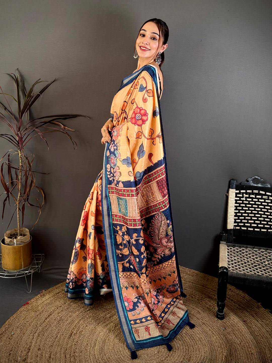 Radiant Bright Pen Kalamkari Tussar Saree