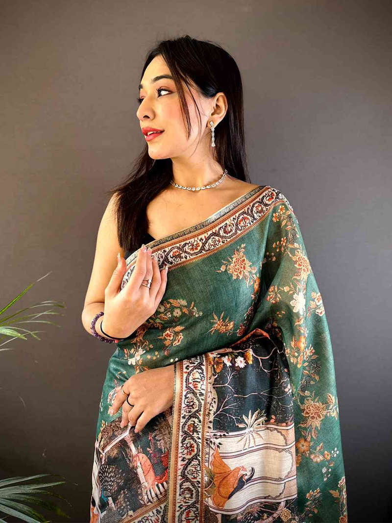 Bottle Green Tissue Chanderi Kalamkari Handprint Saree