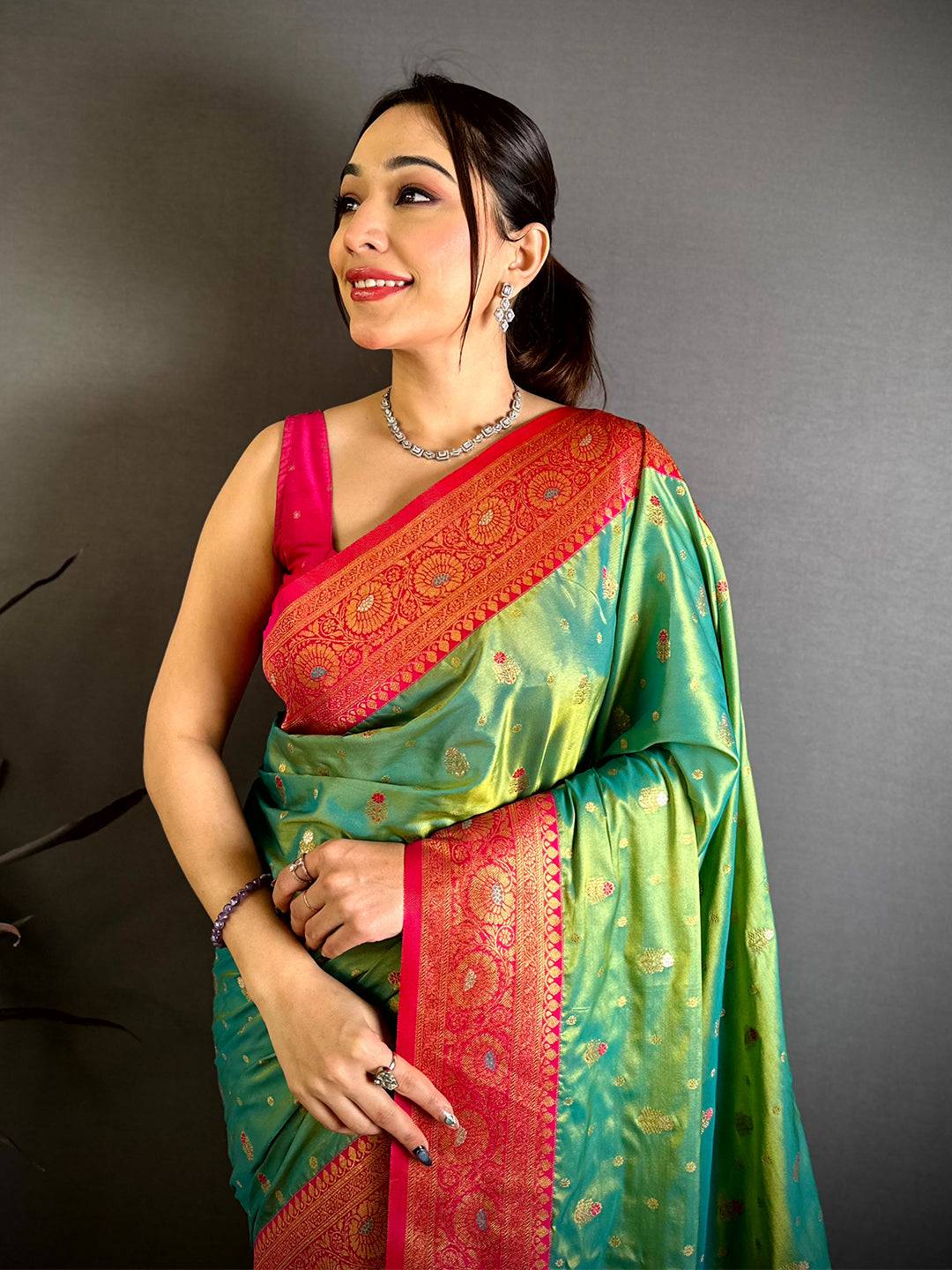 Green Minakari Butti Zari Tissue Saree