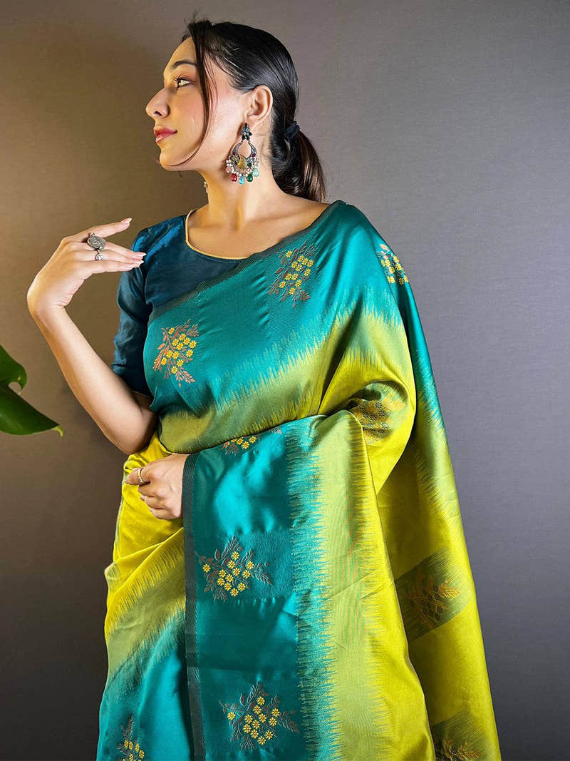 Lime Semi Banarasi Tussar Silk Saree