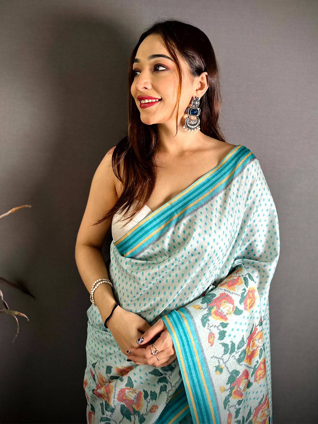Artistic Ikkat Floral Print Tussar Saree