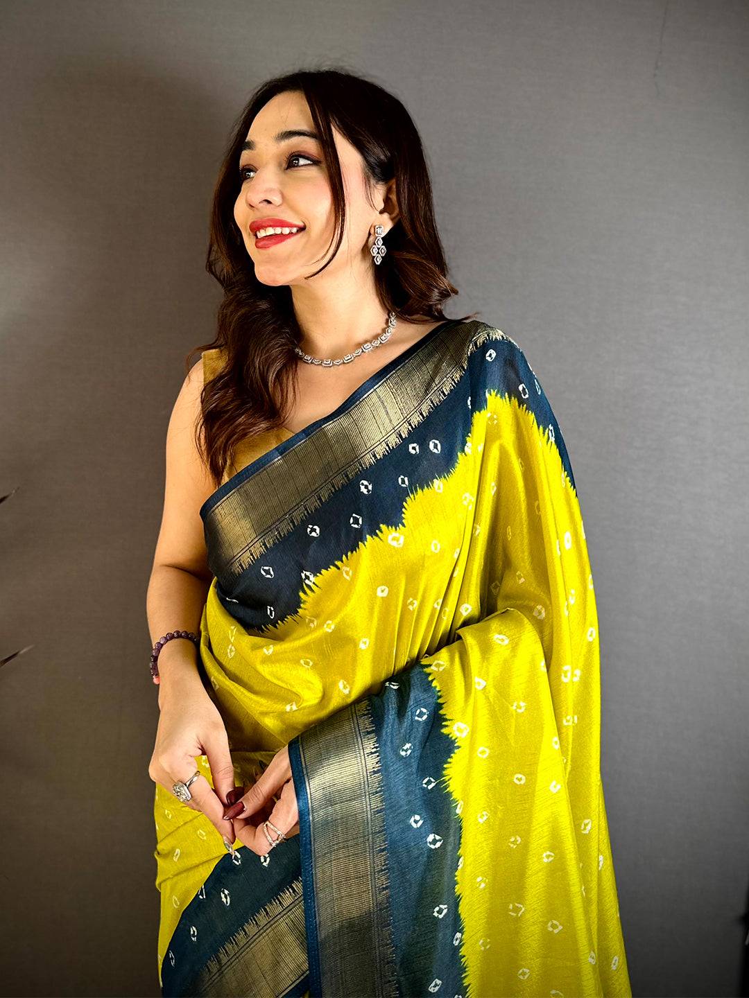 Yellow Bandhej Printed Dola Silk Saree