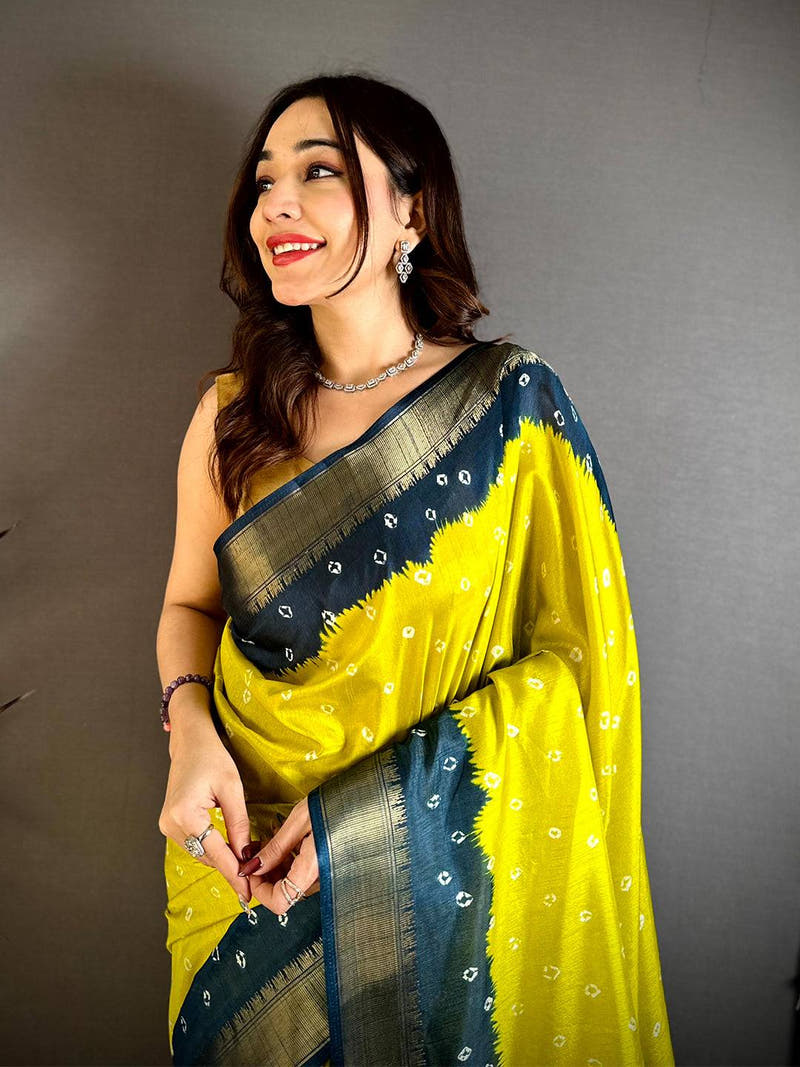 Yellow Bandhej Printed Dola Silk Saree