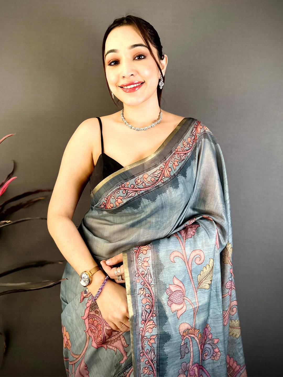 Slate Blue Vintage Pen Kalamkari Chanderi Saree
