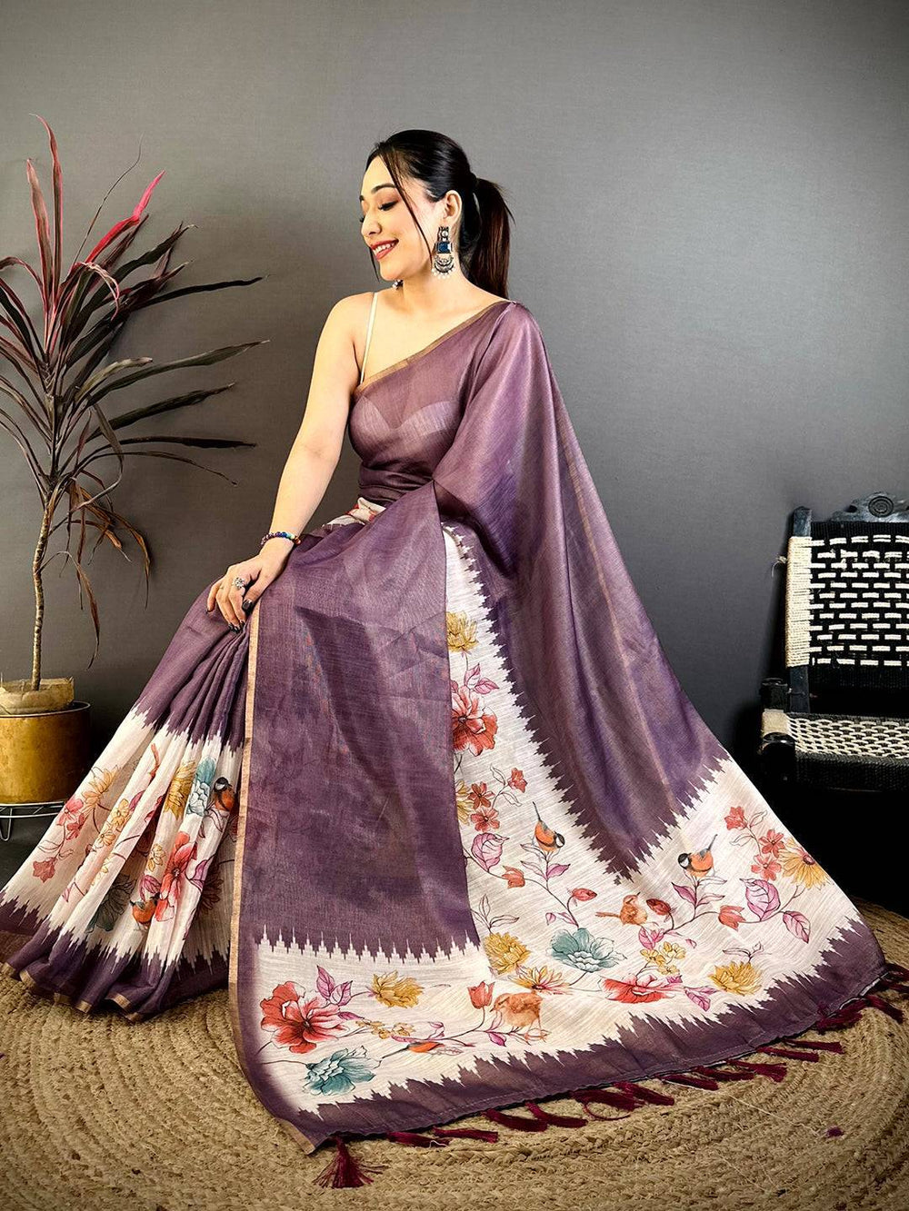 Purple Floral Ikat Linen Chanderi Saree
