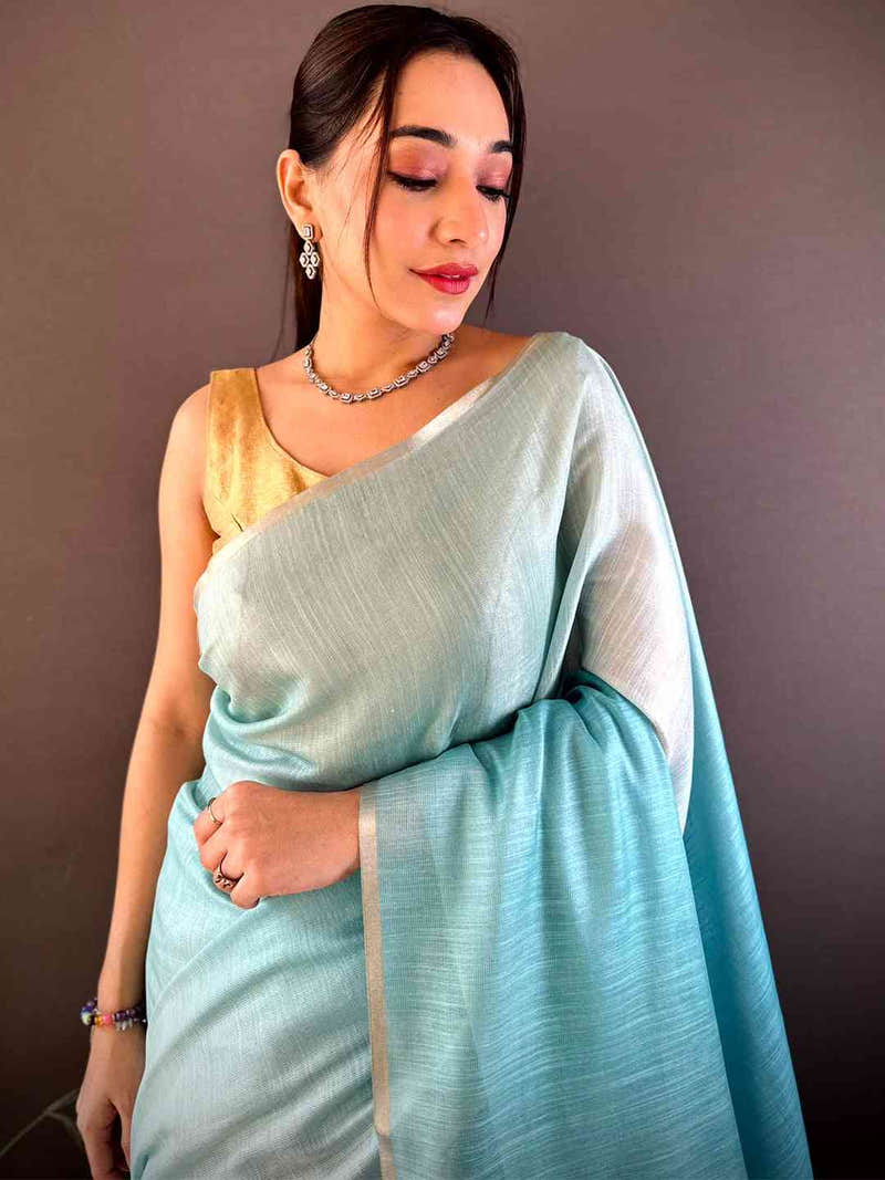 Sky Blue Ombre Chanderi Tissue Saree